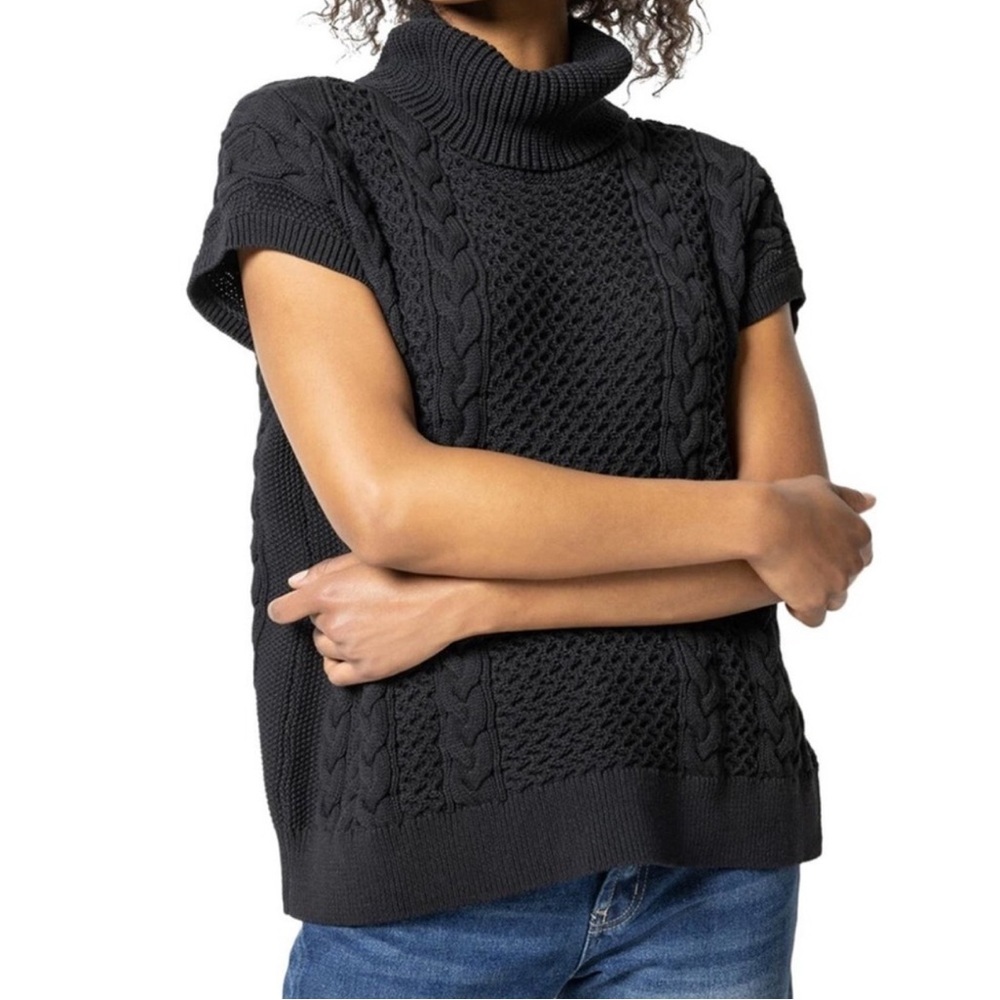 NWT Lilla P Black Cowl Neck Sweater Cable Knit Medium